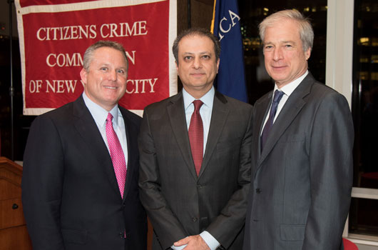 2015 honorees, Robert S. Tucker and U.S. Attorney Preet Bharara, with Crime Commission President Richard Aborn.